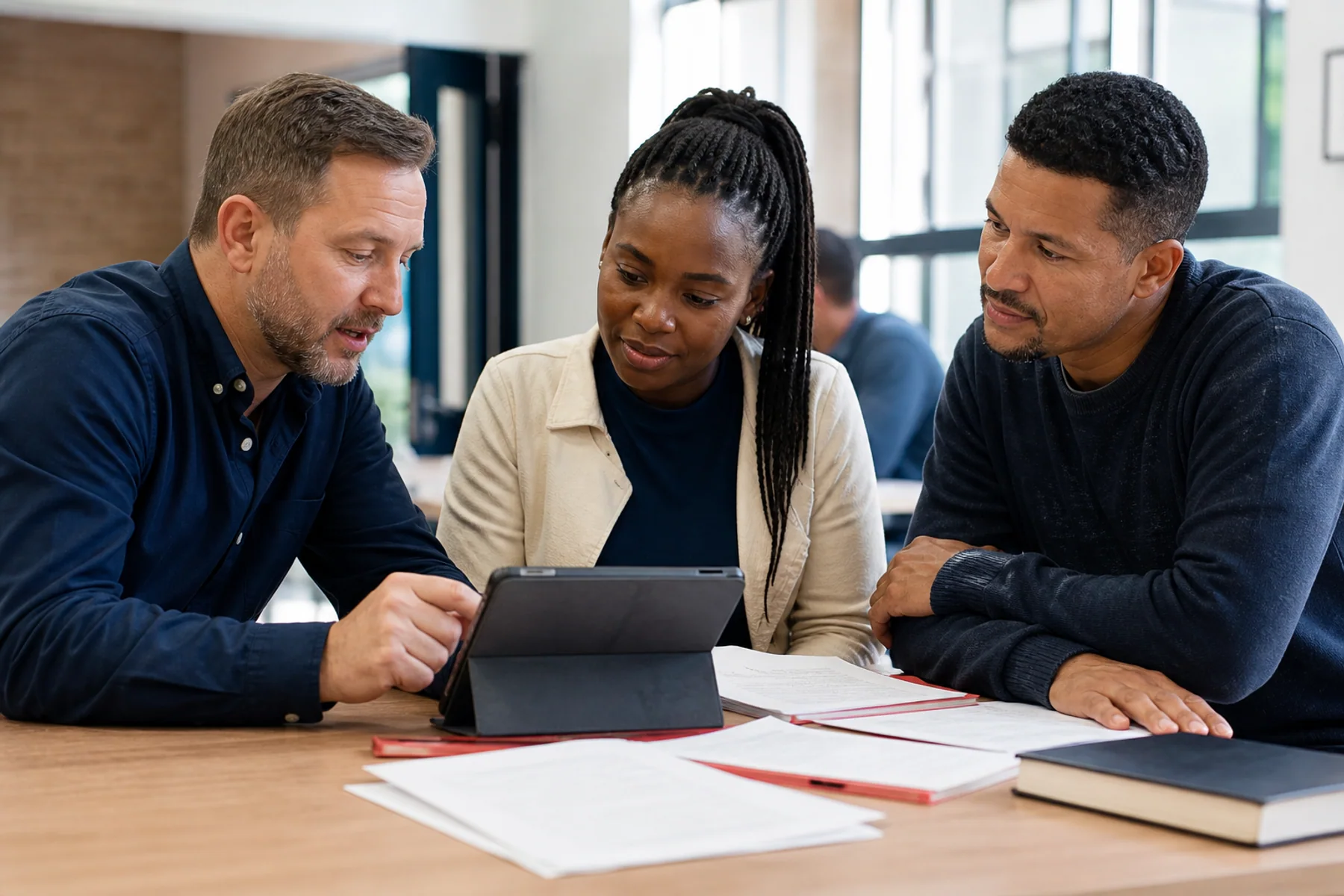 A South African programme administrator and two adult learners reviewing enrolment paperwork