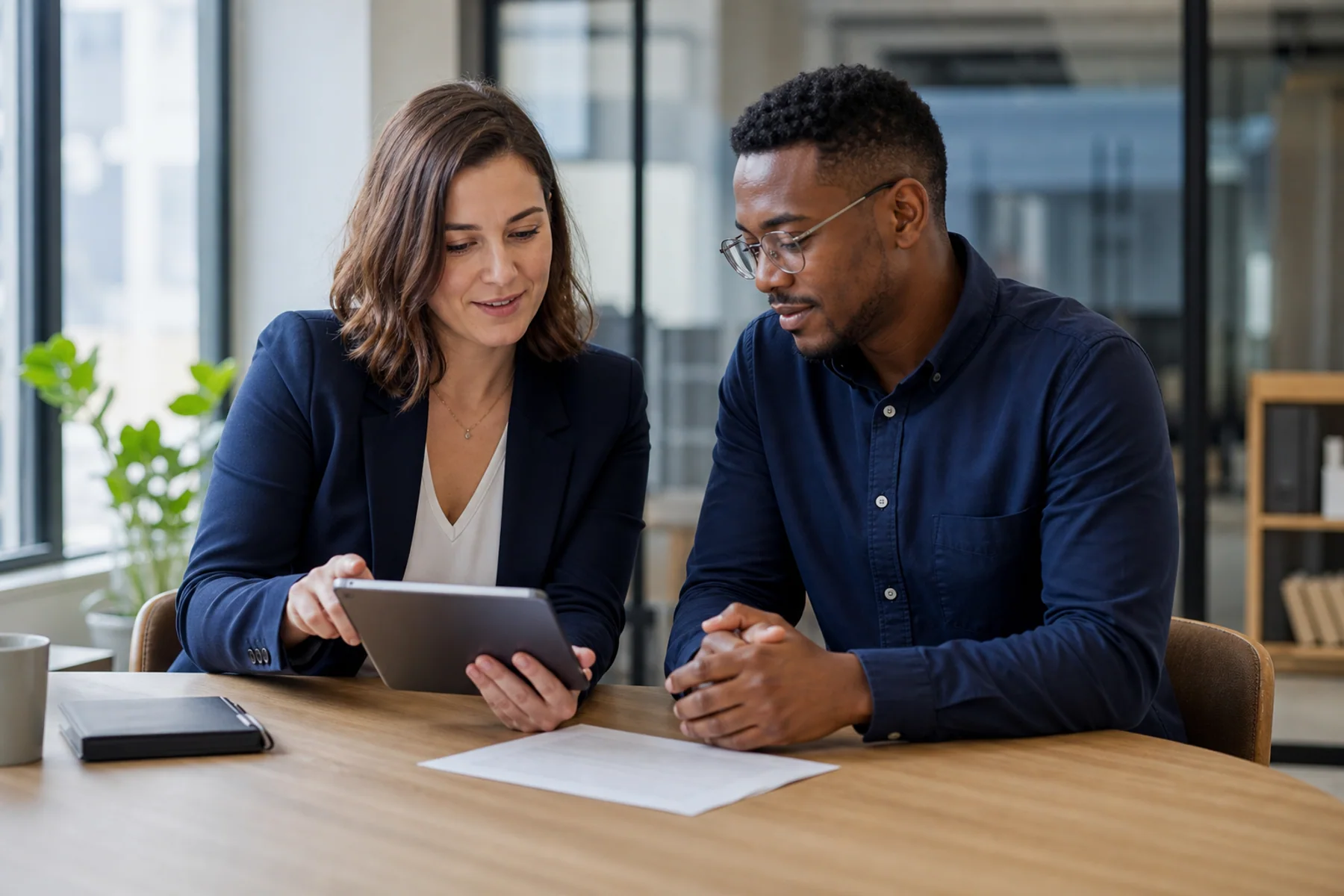 A South African HR manager and employee reviewing an onboarding document together