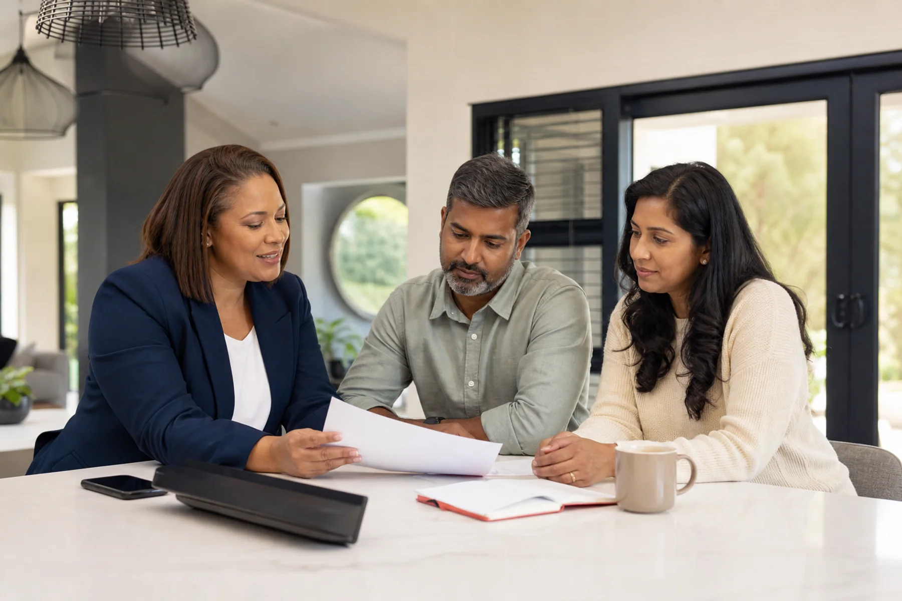 A South African property practitioner and two clients reviewing an administrative document at a home