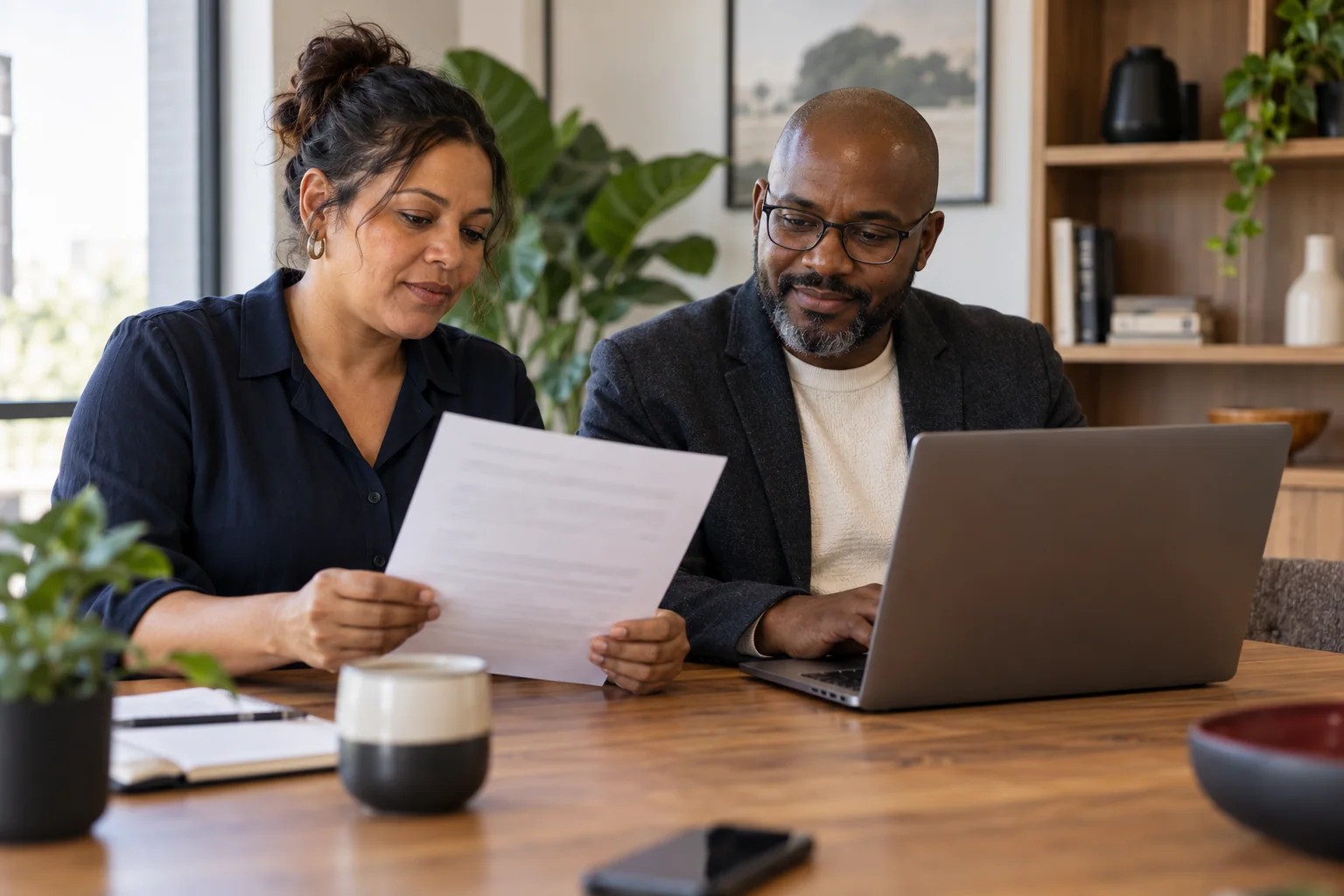 Two colleagues checking a completed document against the record on a laptop